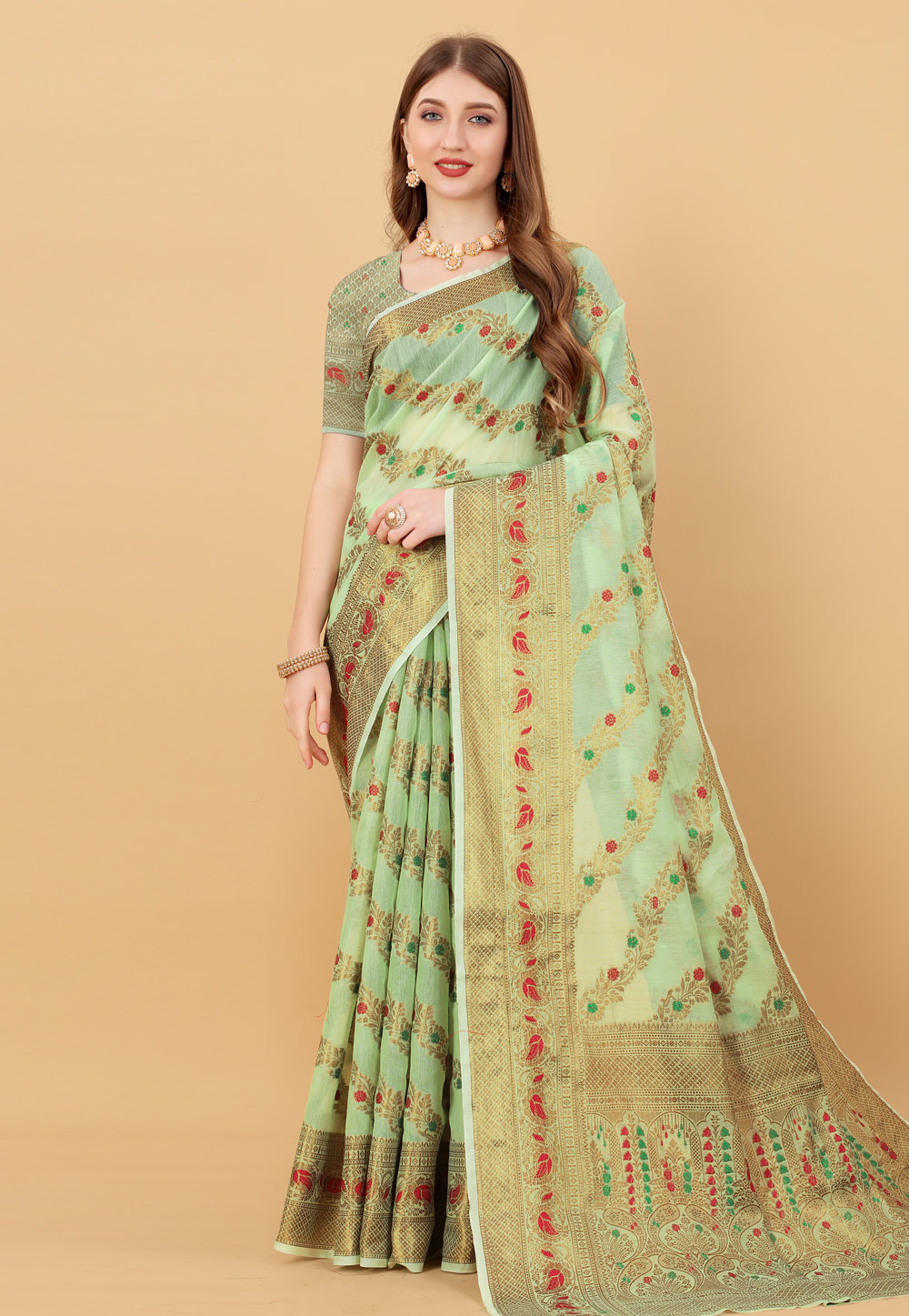 Light Green Cotton Silk Saree With Blouse 246610