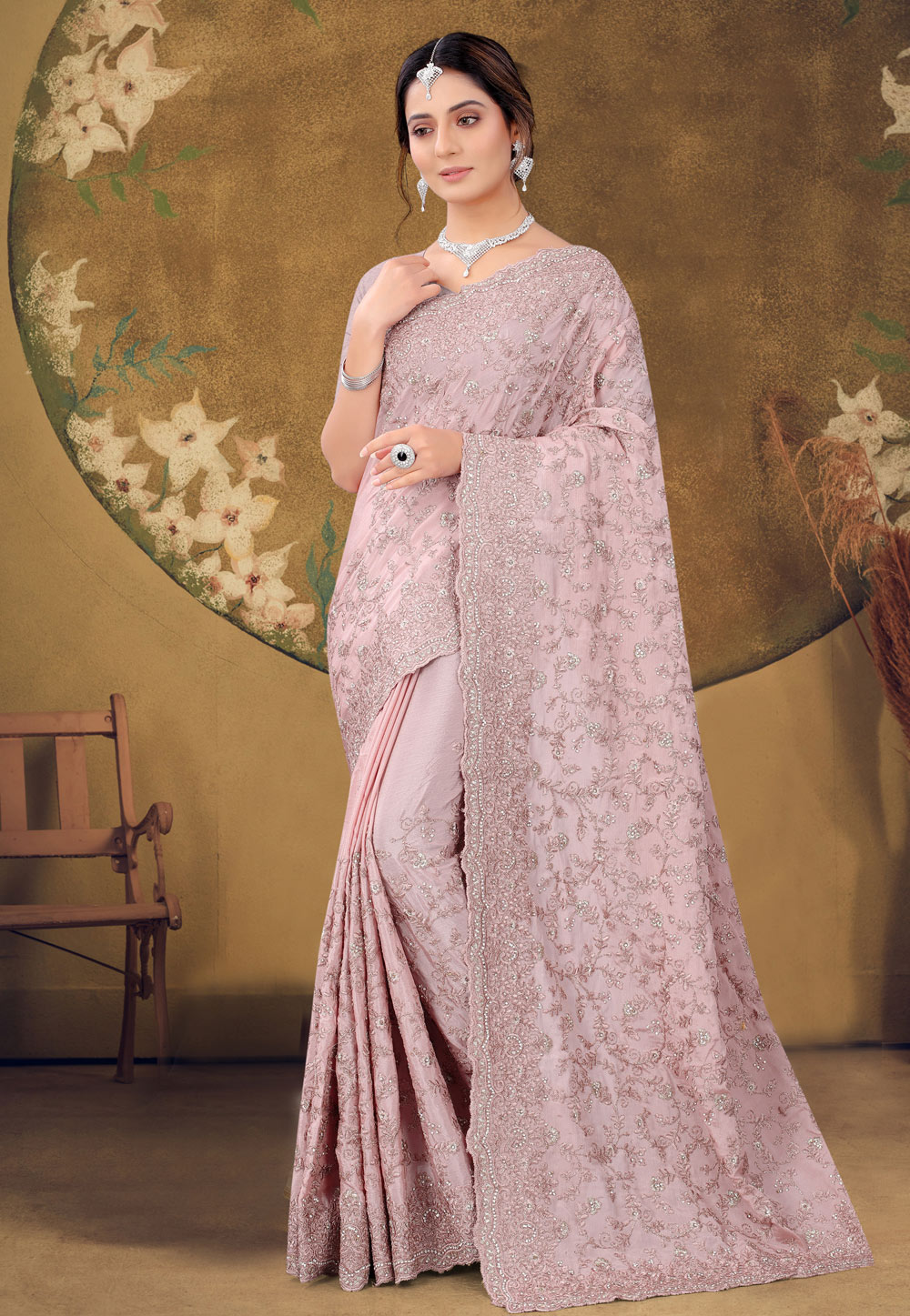 Lavender Chinon Saree With Blouse 234642