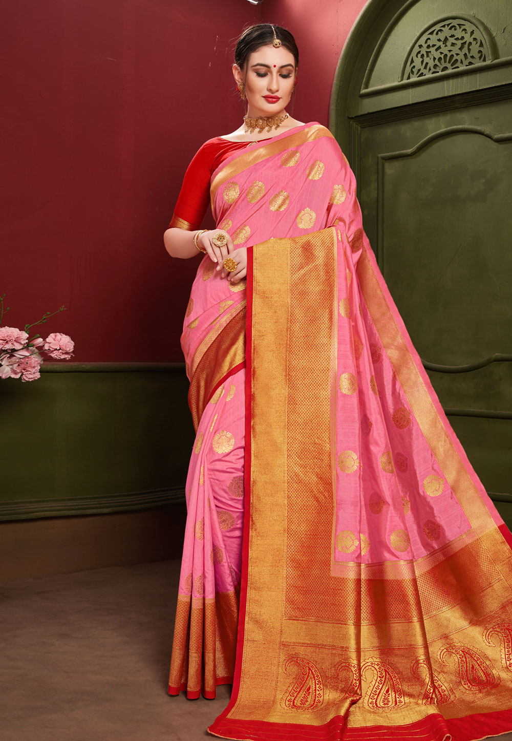 Pink Banarasi Saree With Blouse 211828