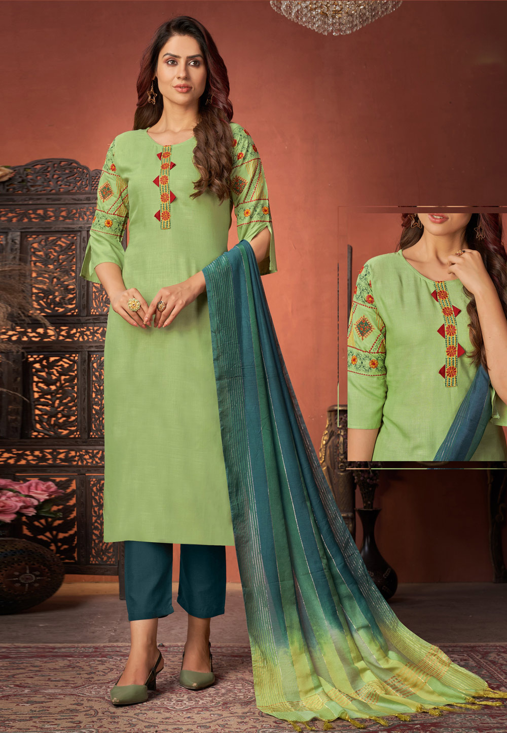 Pista Green Rayon Readymade Pant Style Suit 235609