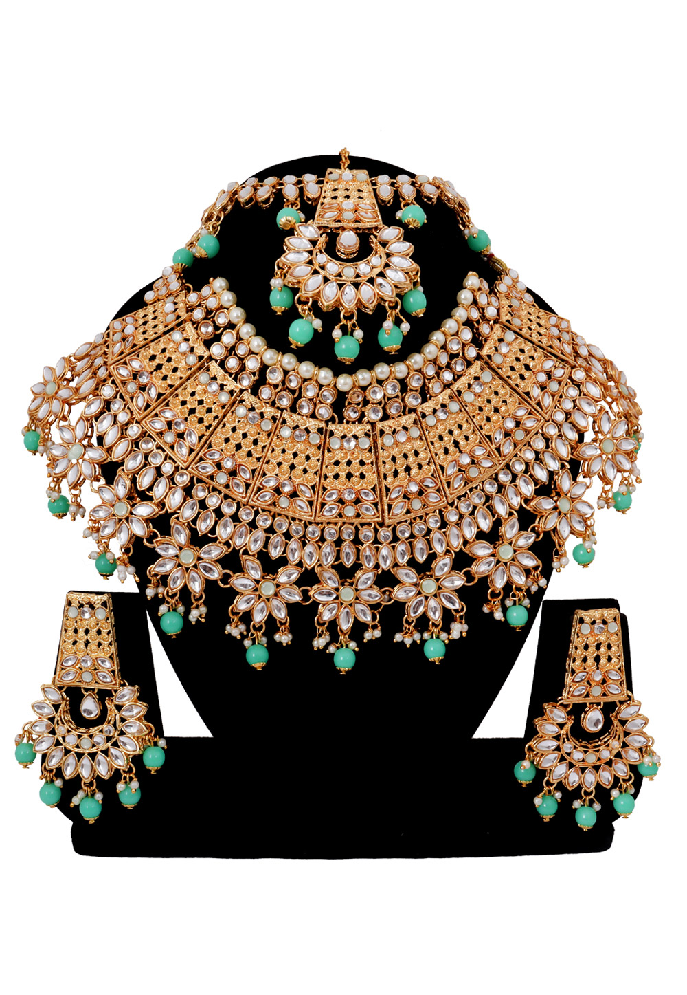 Light Green Alloy Austrian Diamonds and Kundan Necklace Set With Earrings and Maang Tikka 272638