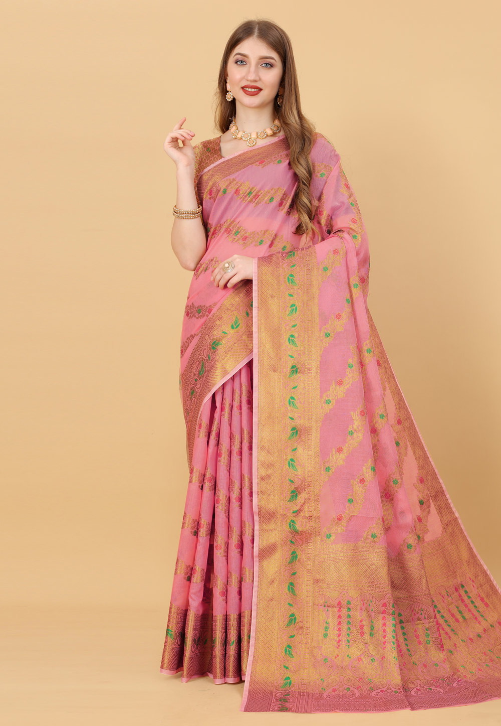 Pink Cotton Silk Saree With Blouse 246611