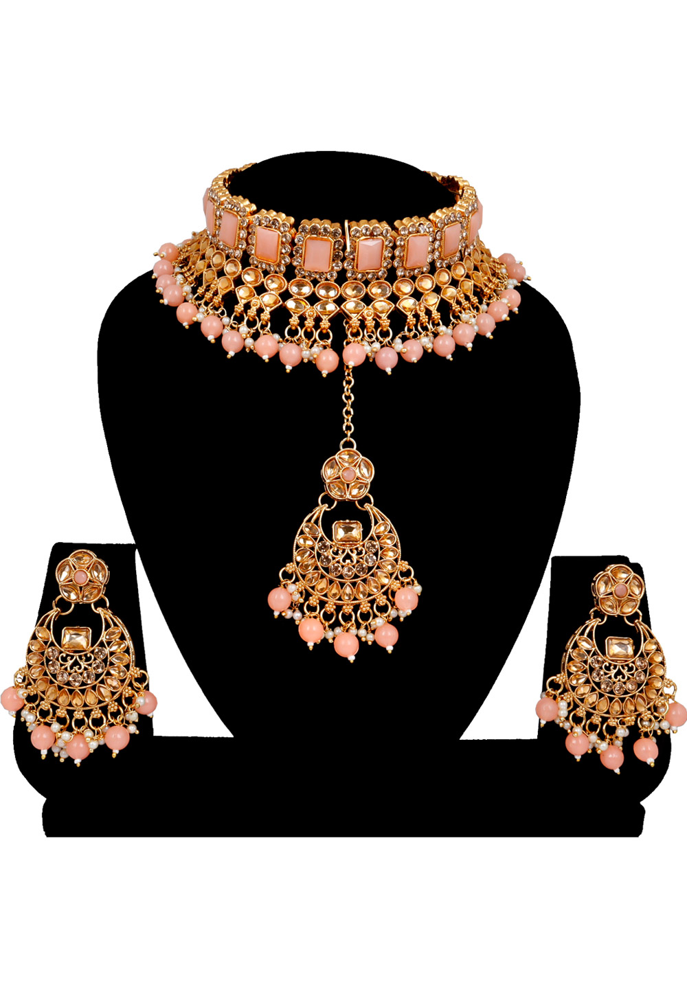 Peach Alloy Austrian Diamonds and Kundan Necklace Set With Earrings and Maang Tikka 272639
