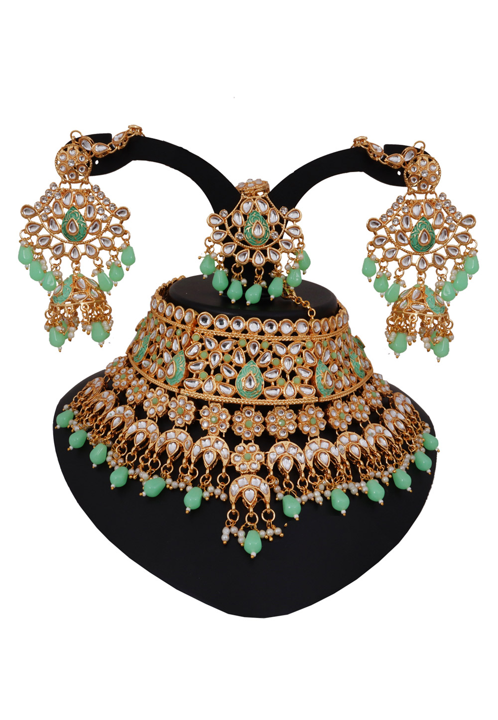 Green Alloy Austrian Diamonds and Kundan Necklace Set With Earrings and Maang Tikka 272640