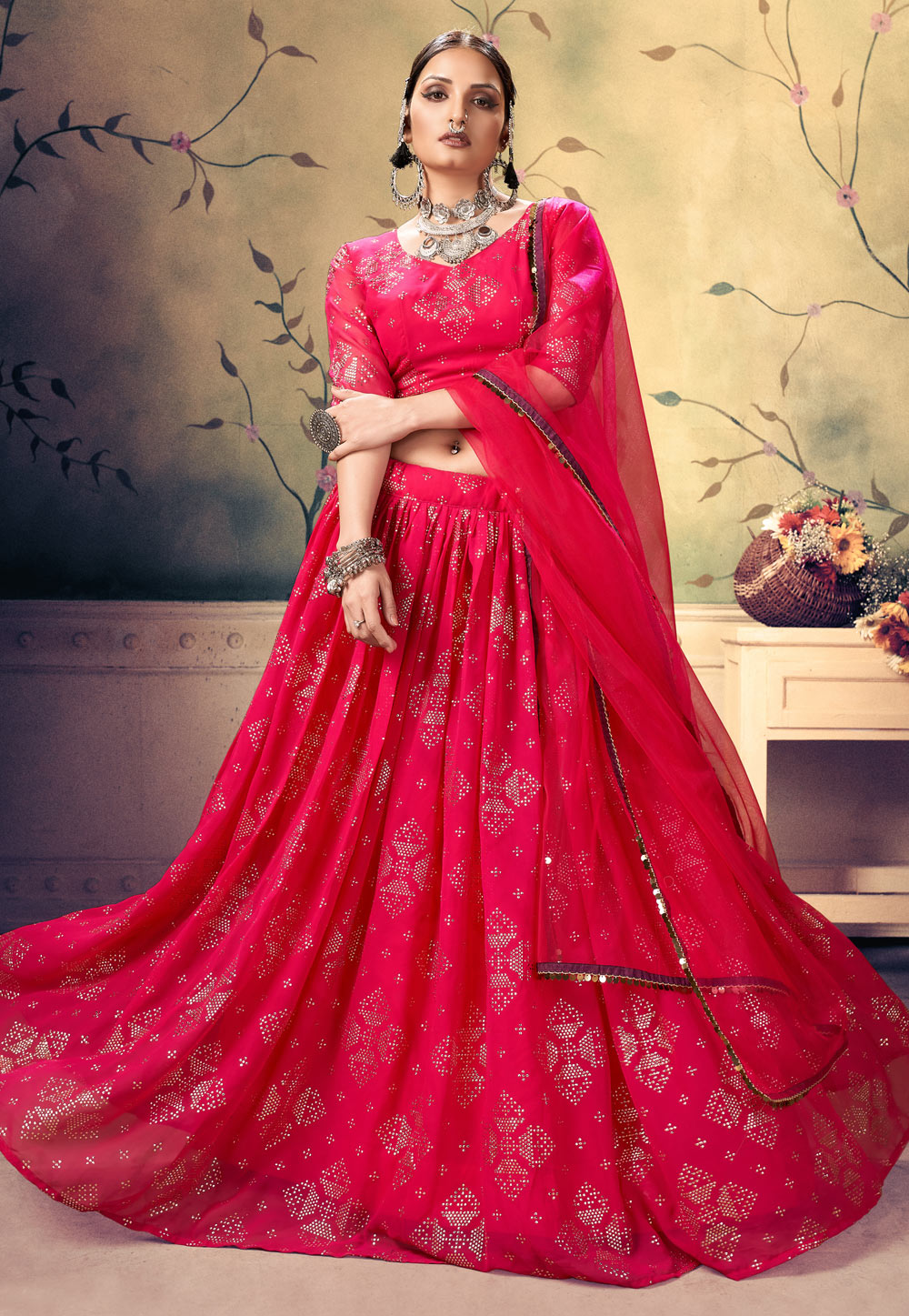 Pink Georgette Flared Lehenga Choli 231231