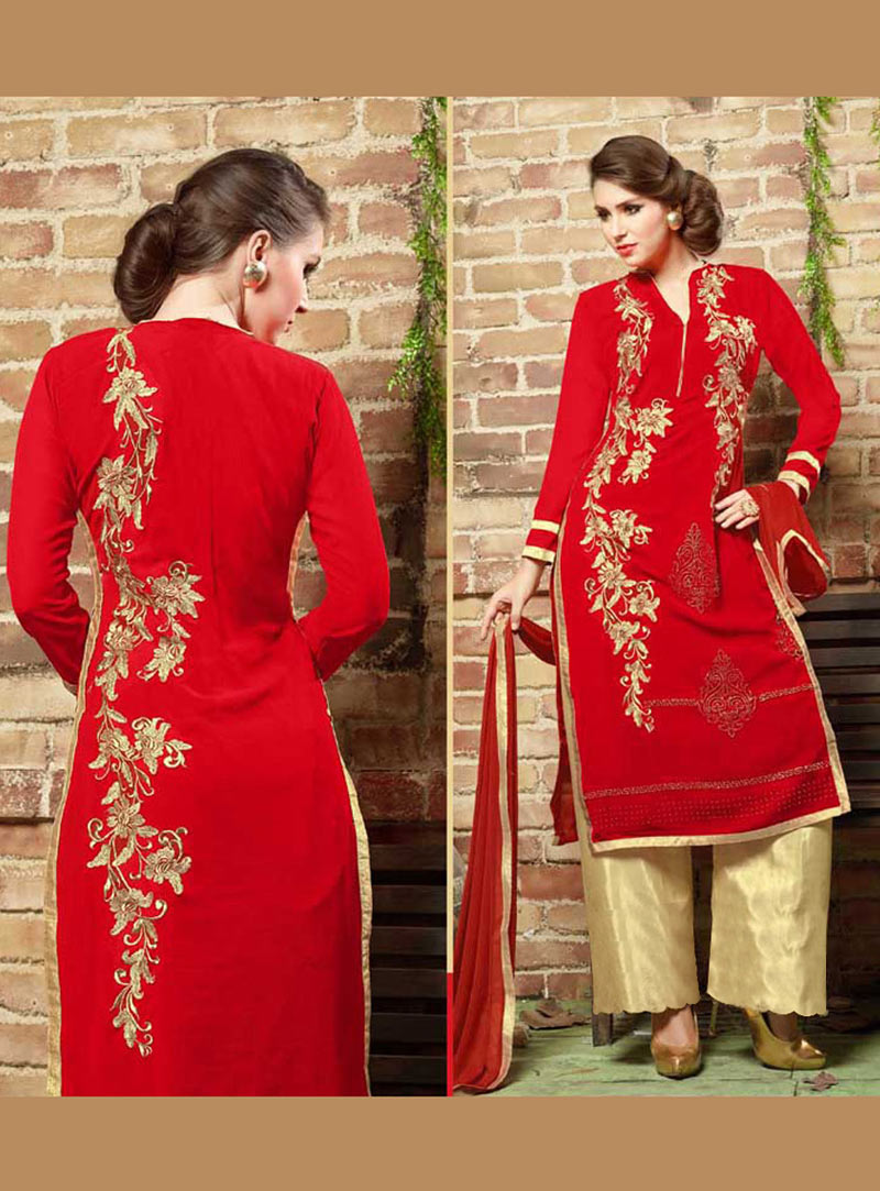 Red Georgette Palazzo Style Suit 73297