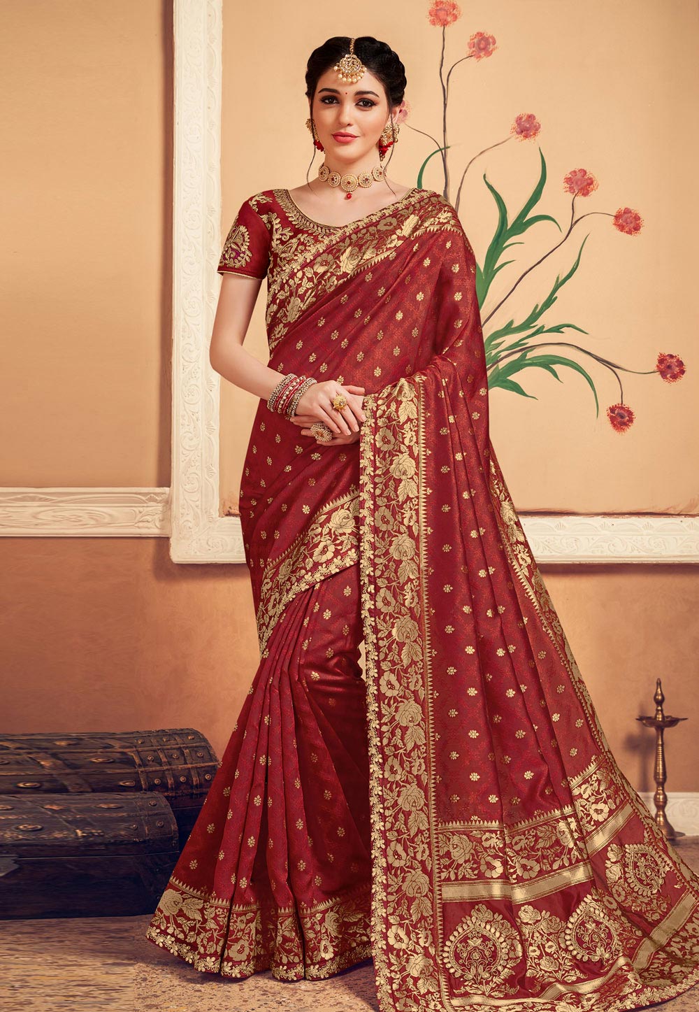 Maroon Banarasi Silk Saree With Blouse 212054