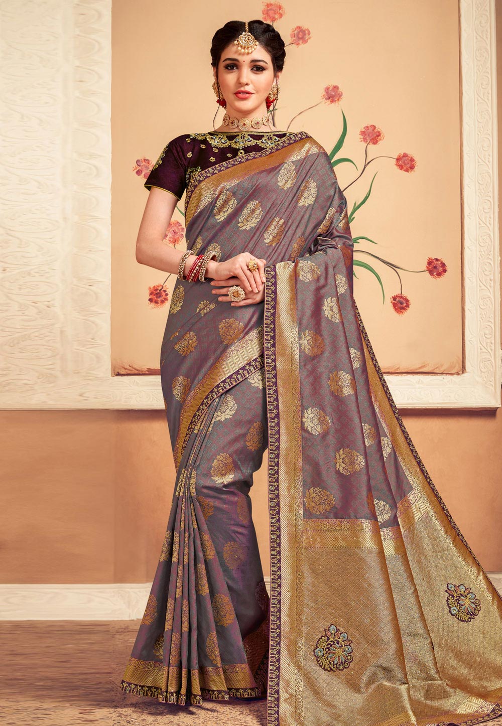 Purple Banarasi Silk Saree With Blouse 212056