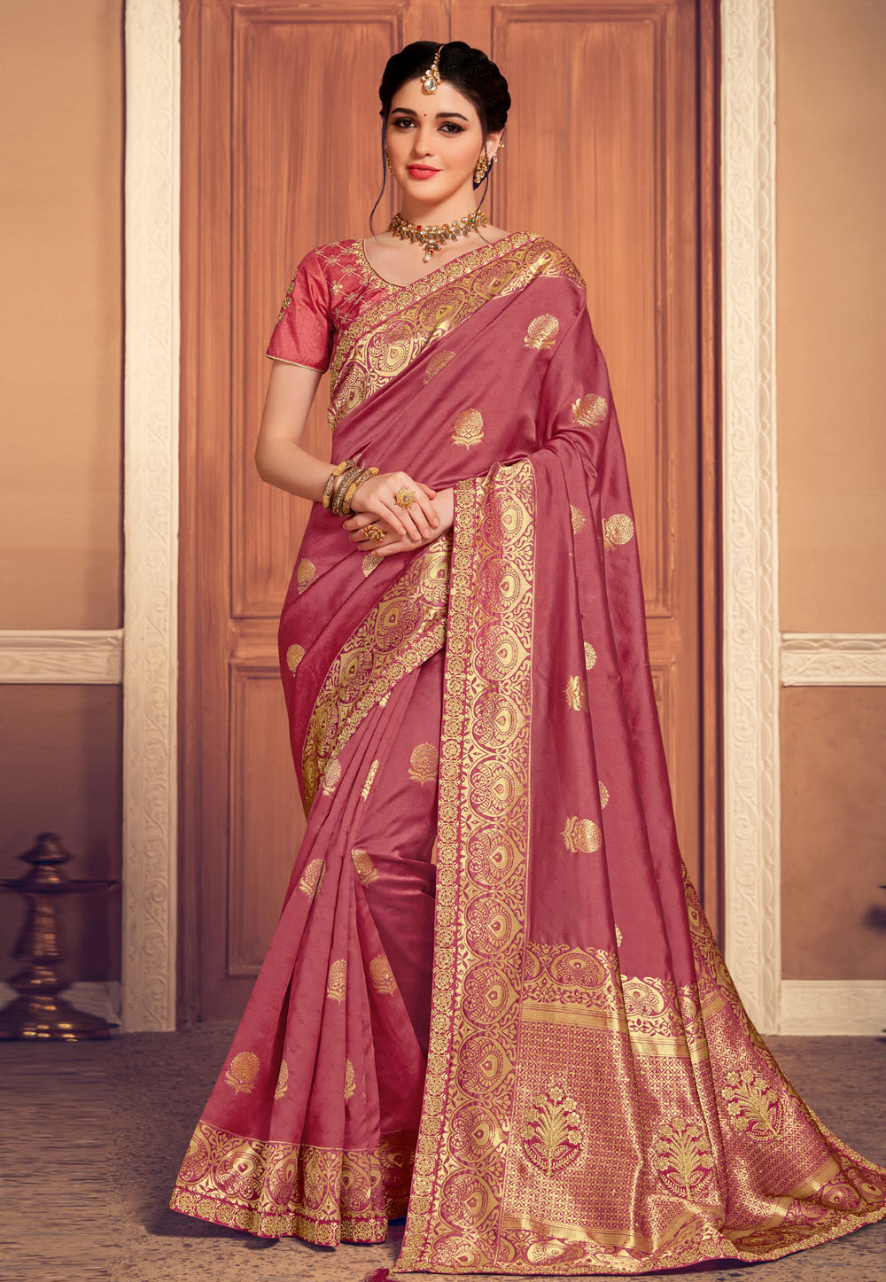 Pink Banarasi Silk Saree With Blouse 212058
