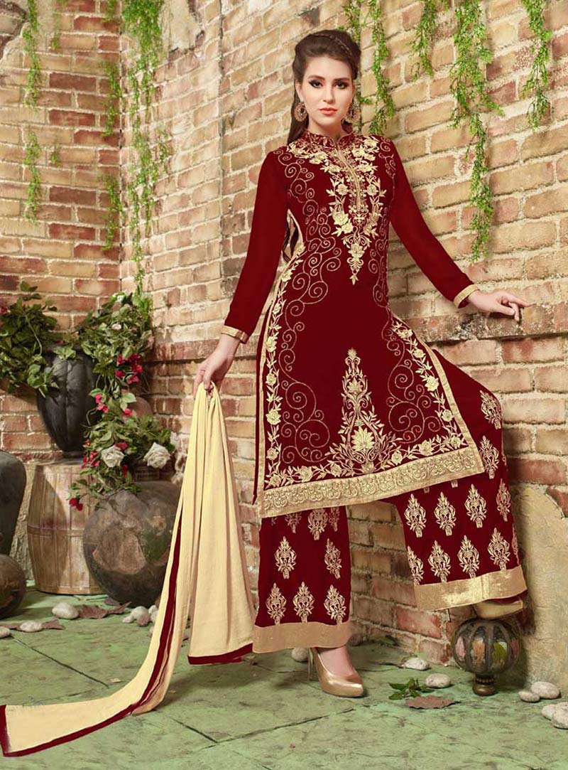 Maroon Georgette Palazzo Style Suit 73299