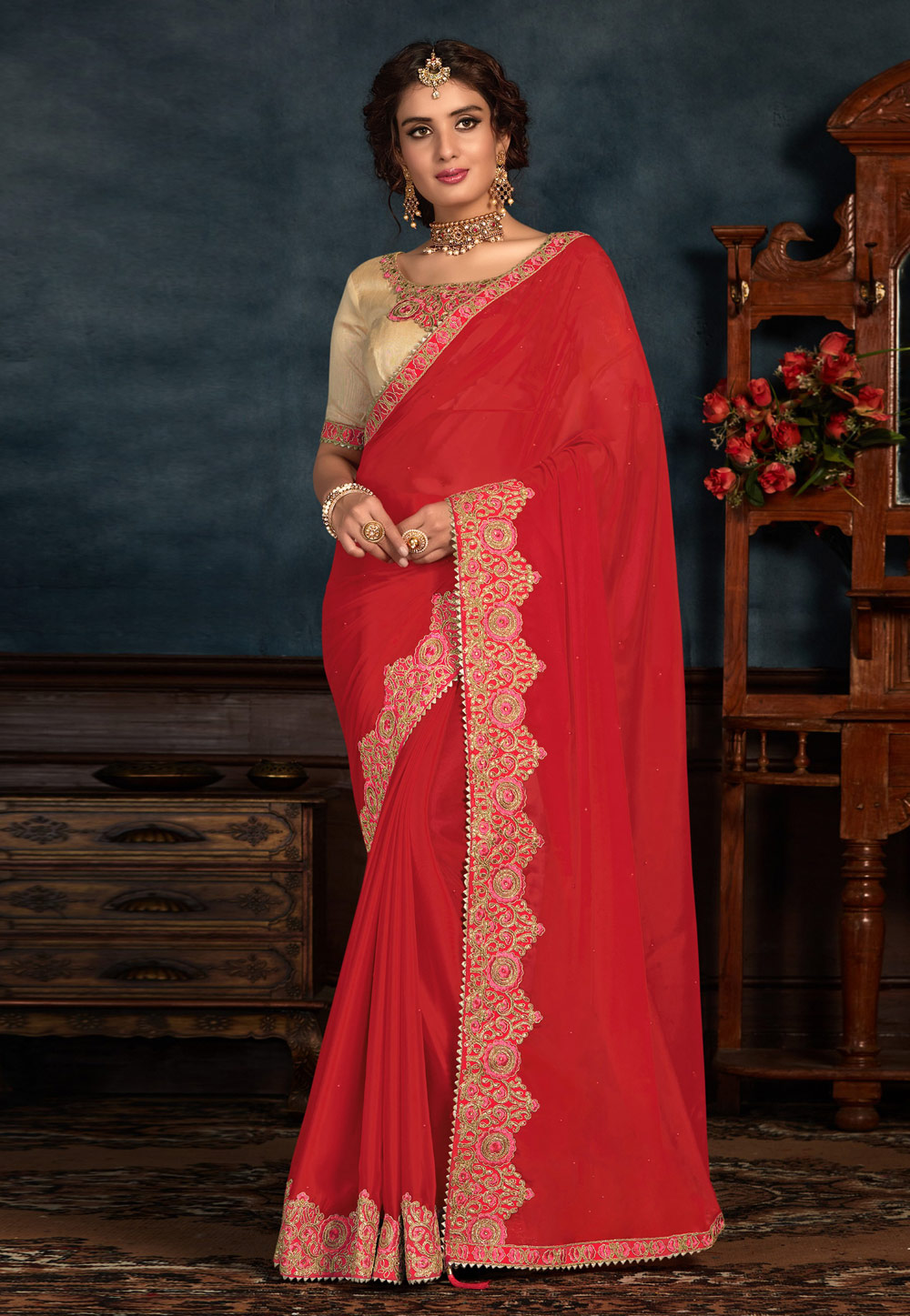 Red Silk Festival Wear Saree 212016