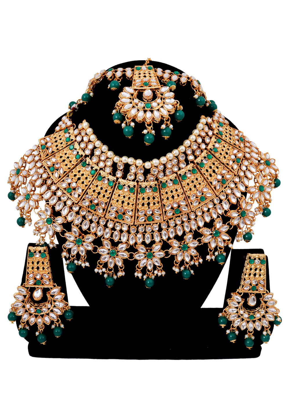 Light Green Alloy Austrian Diamonds and Kundan Necklace Set With Earrings and Maang Tikka 272641