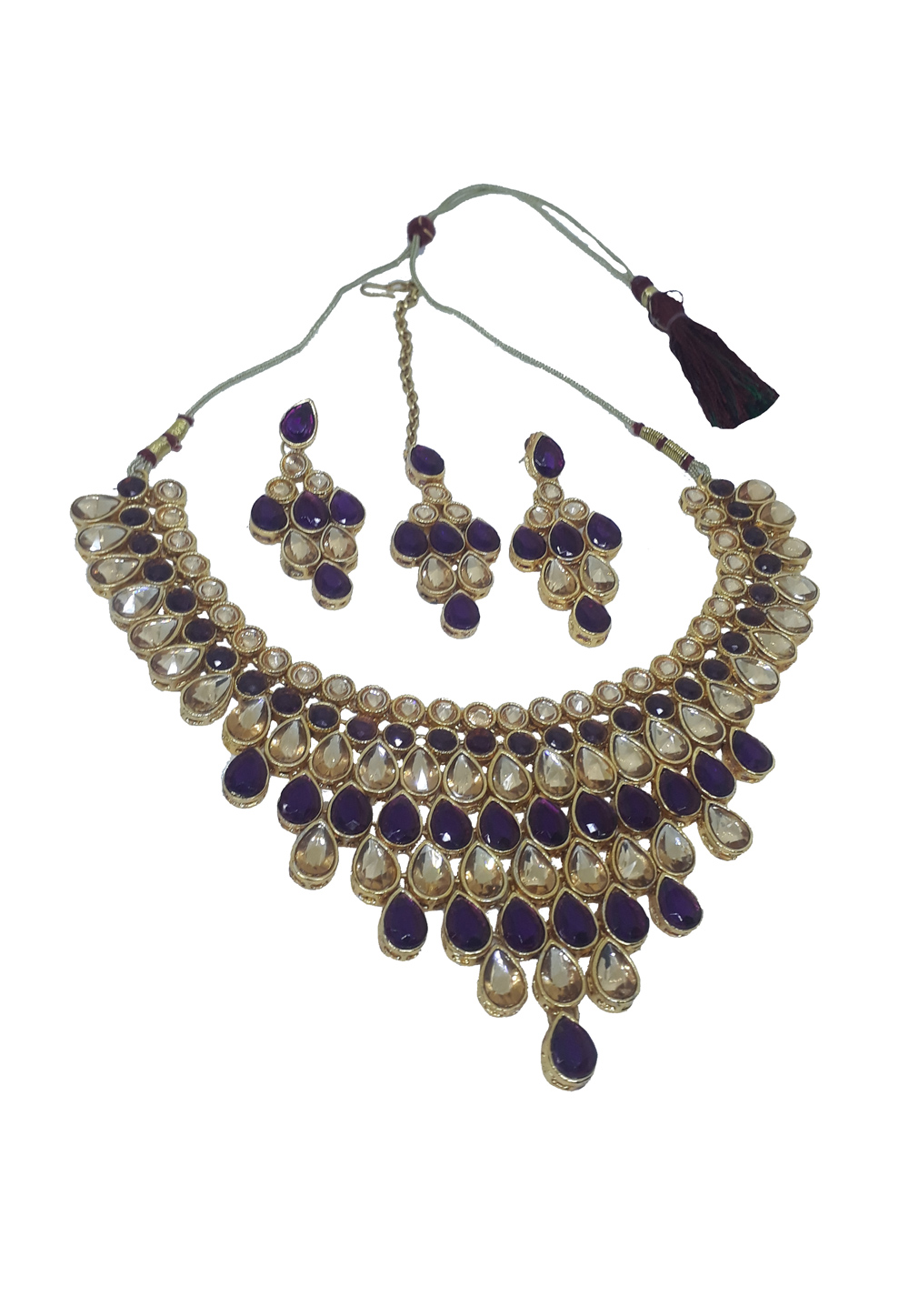 Violet Alloy Necklace Set With Earrings and Maang Tikka 207293