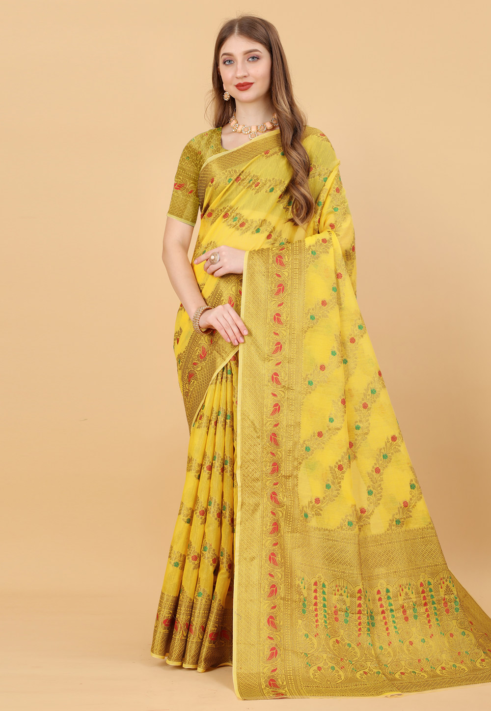 Yellow Cotton Silk Saree With Blouse 246614