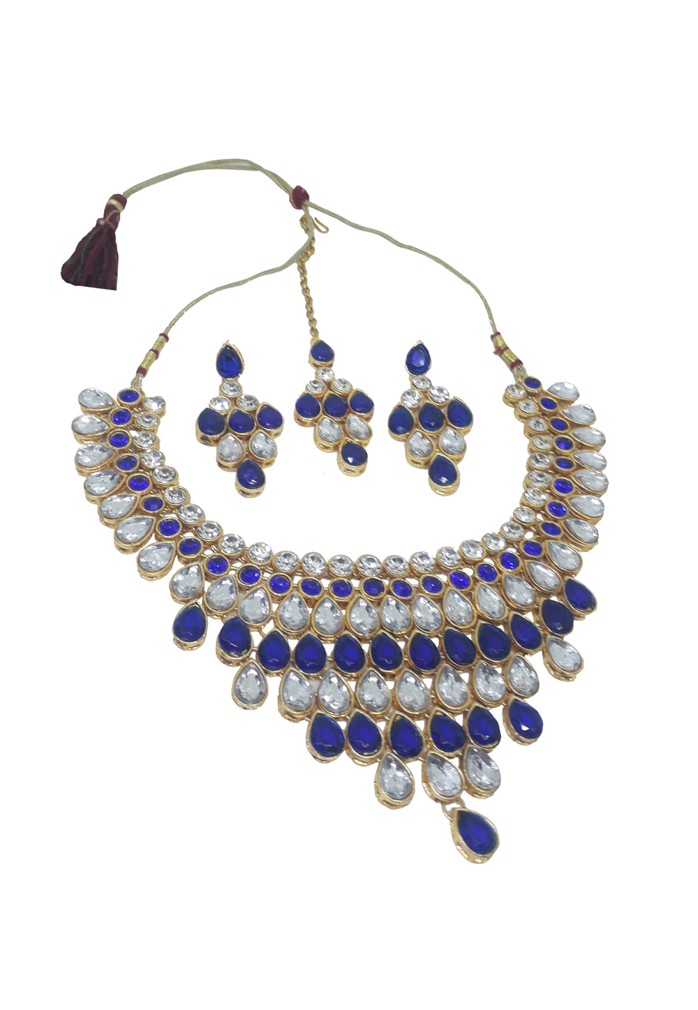 Blue Alloy Necklace Set With Earrings and Maang Tikka 207294