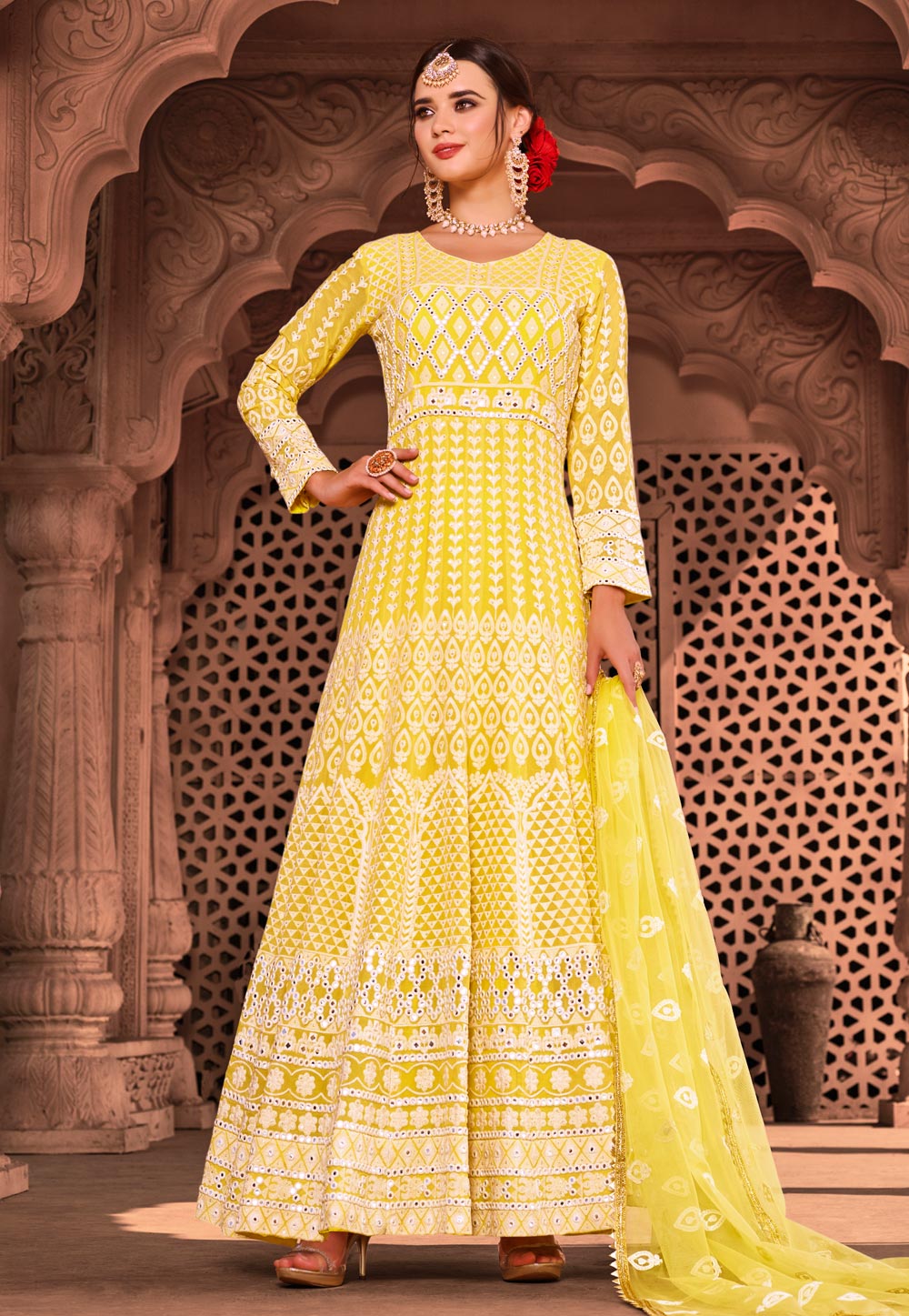 Yellow Viscose Readymade Abaya Style Anarkali Suit 205918