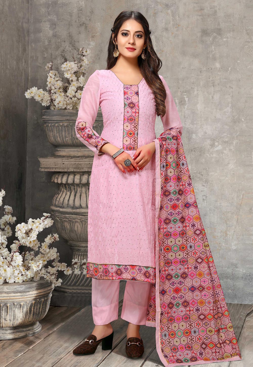 Pink Chanderi Pant Style Suit 212231
