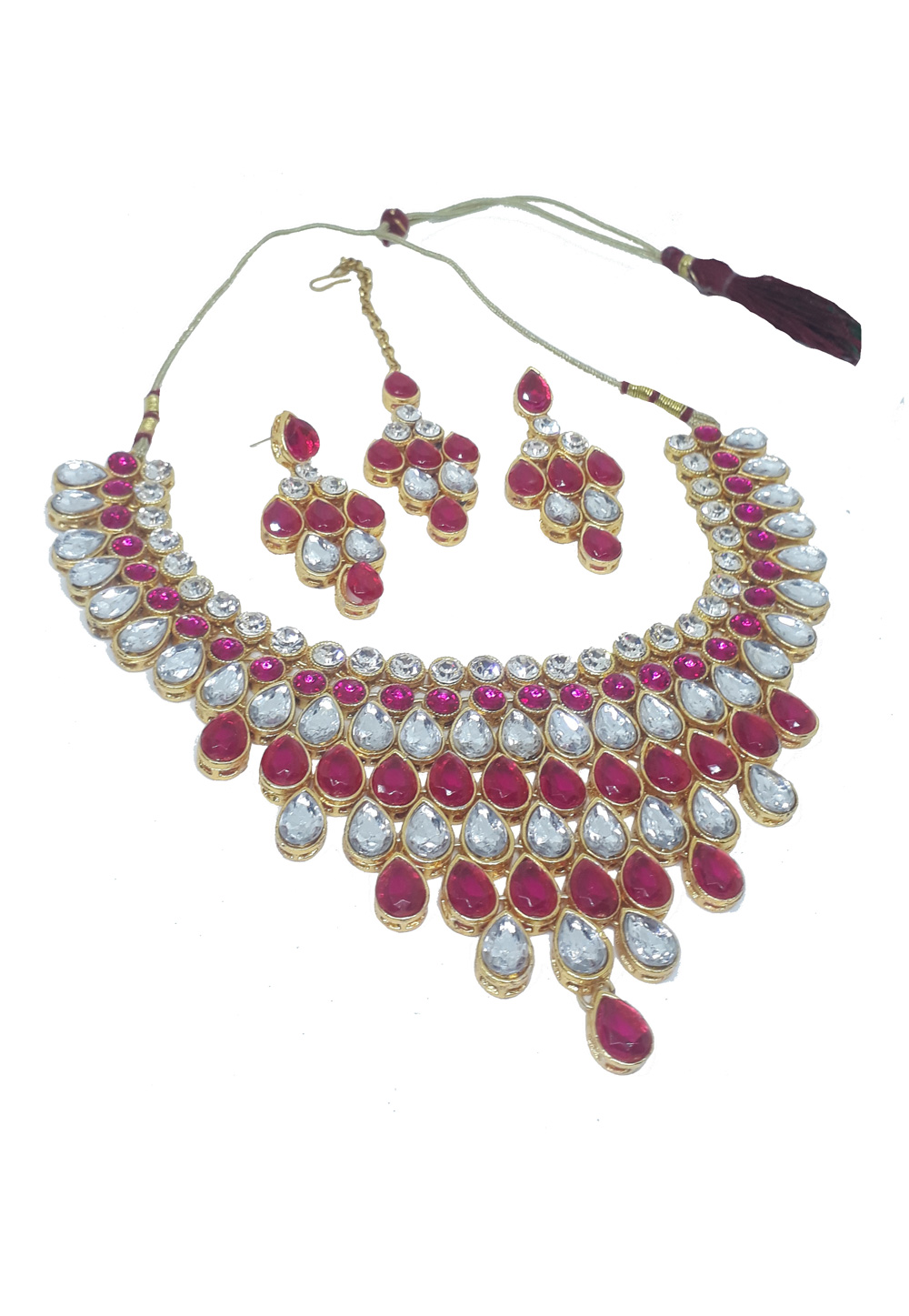 Pink Alloy Necklace Set With Earrings and Maang Tikka 207295