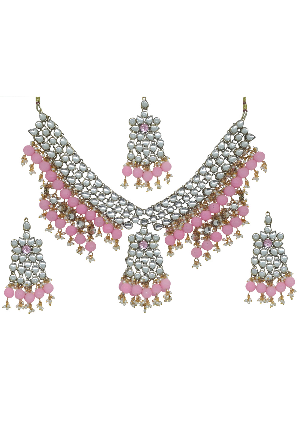 Pink Alloy Necklace Set With Earrings and Maang Tikka 207296