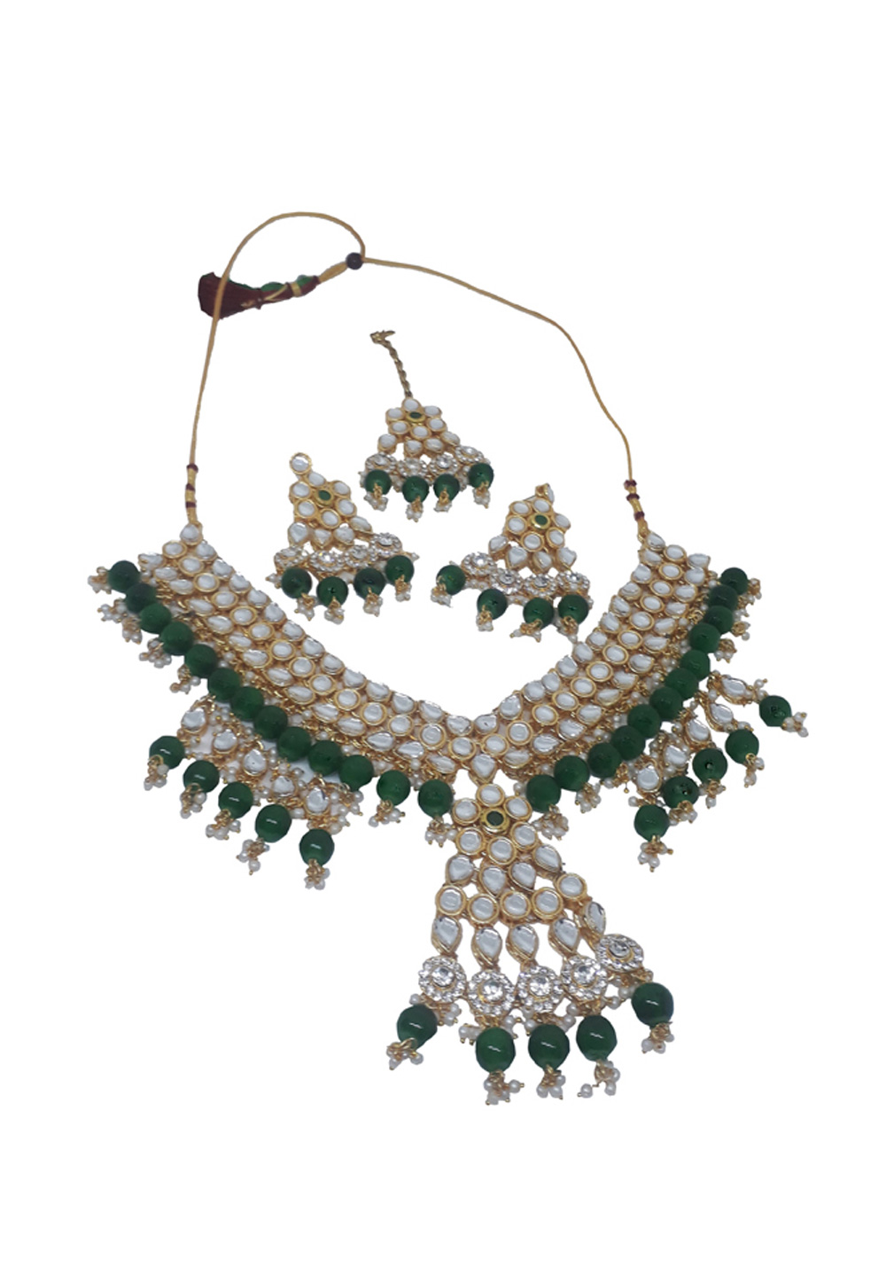 Green Alloy Necklace Set With Earrings and Maang Tikka 207297
