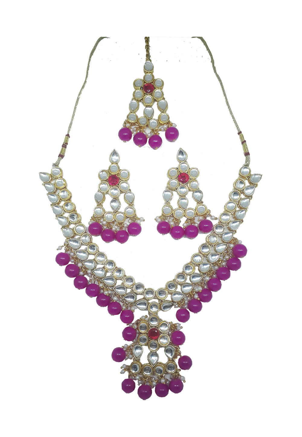 Pink Alloy Necklace Set With Earrings and Maang Tikka 207299