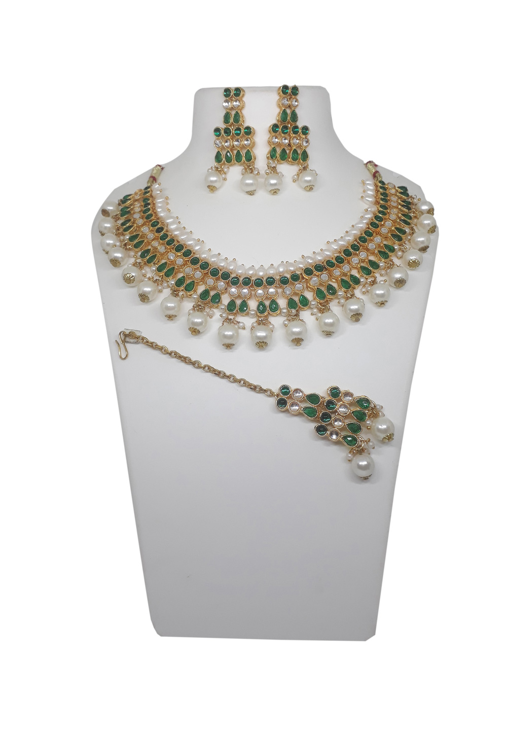 Green Alloy Necklace Set With Earrings and Maang Tikka 207301