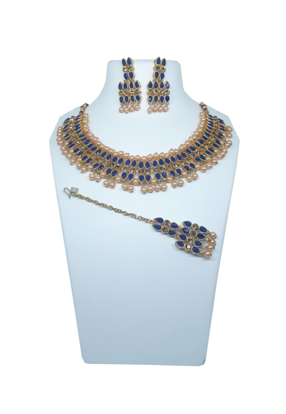 Blue Alloy Necklace Set With Earrings and Maang Tikka 207302