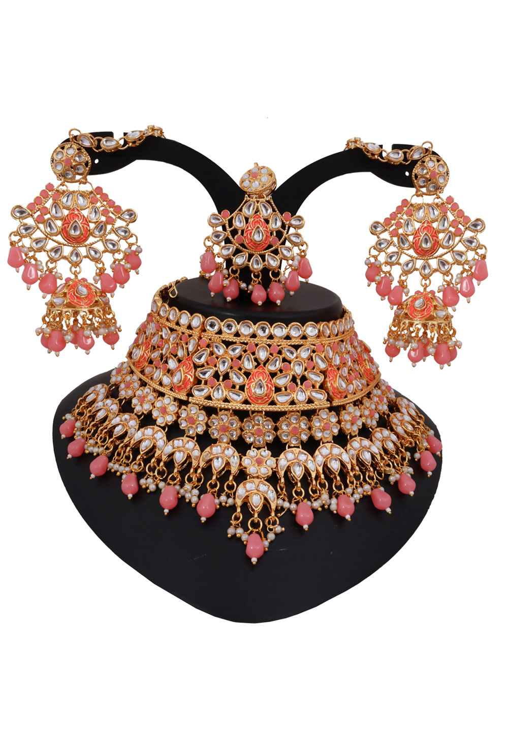 Pink Alloy Austrian Diamonds and Kundan Necklace Set With Earrings and Maang Tikka 272642