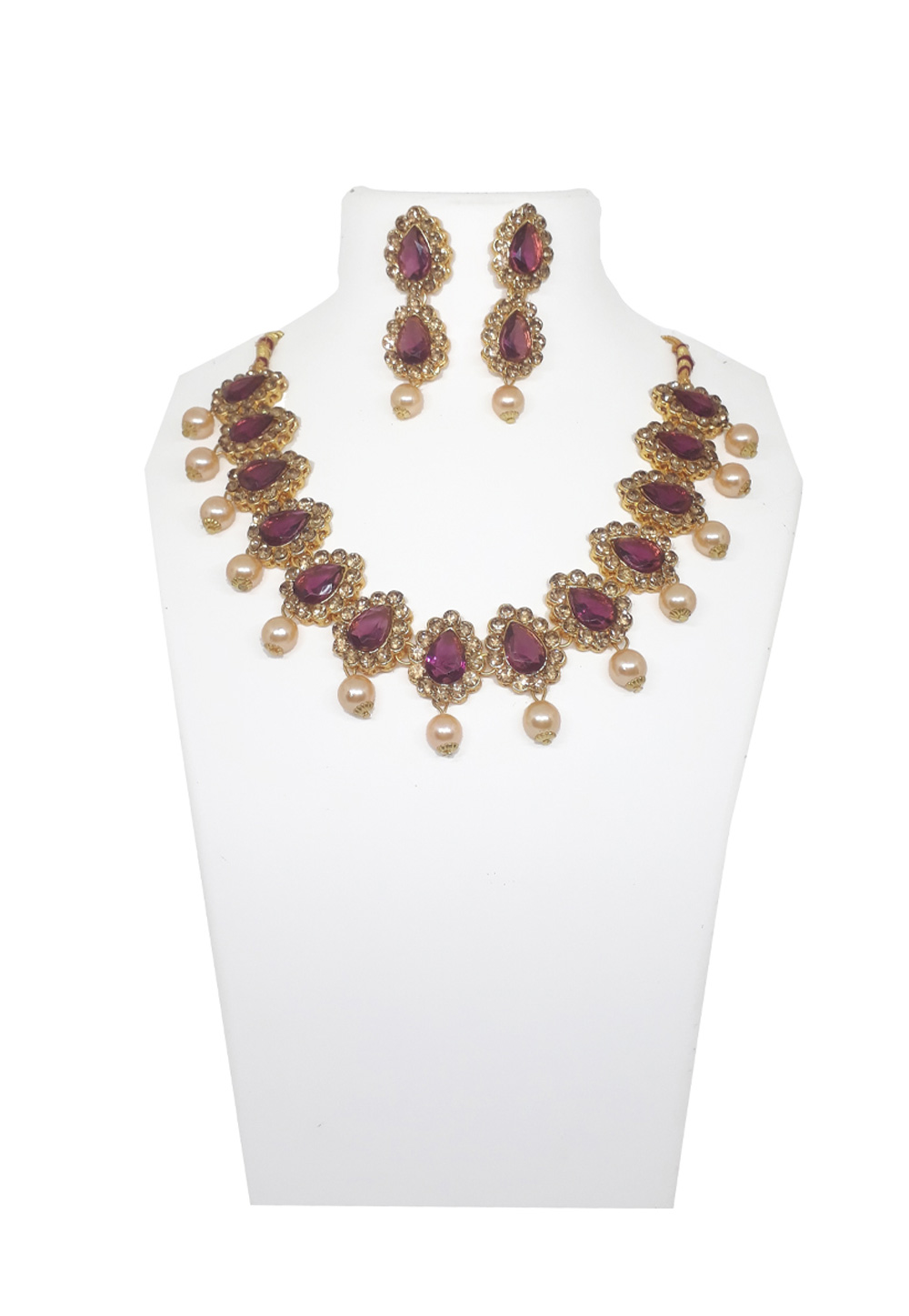 Magenta Alloy Necklace Set With Earrings 207304