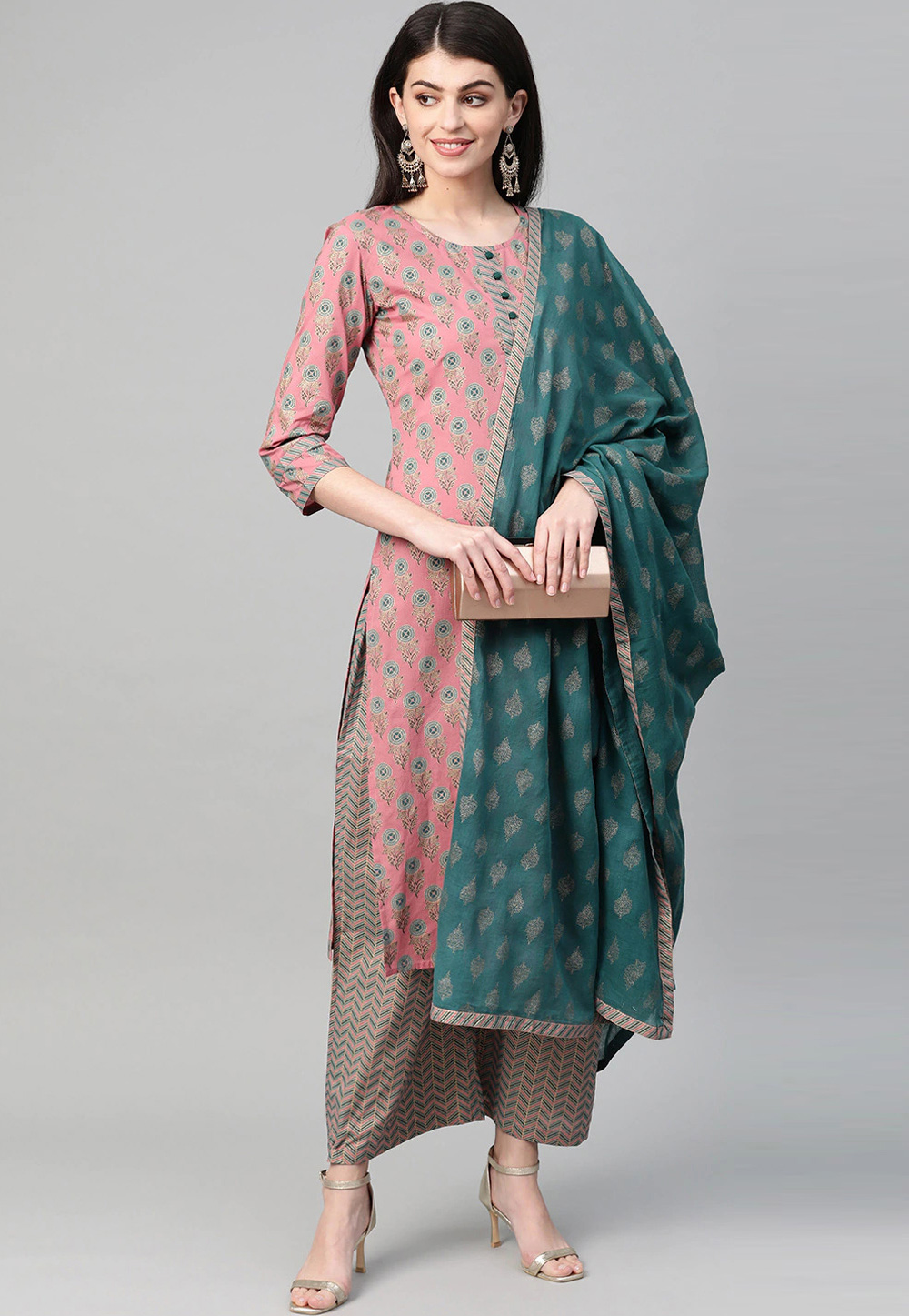 Pink Cotton Readymade Kameez With Palazzo 205718