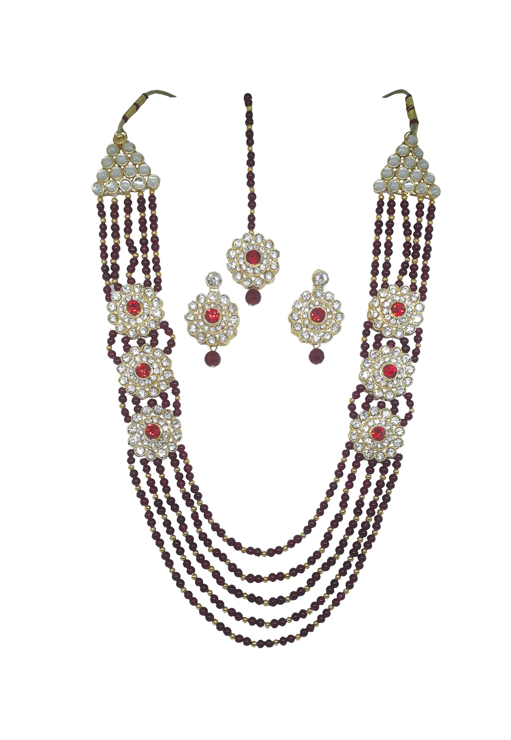 Red Alloy Necklace Set With Earrings and Maang Tikka 207325