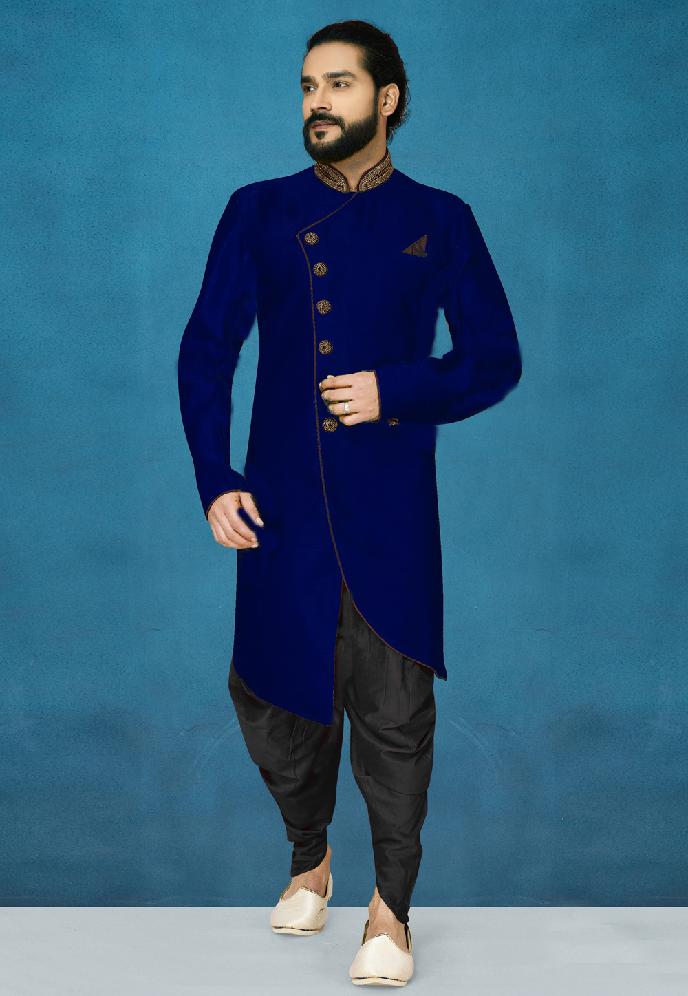 Navy Blue Art Silk Indo Western Suit 244642