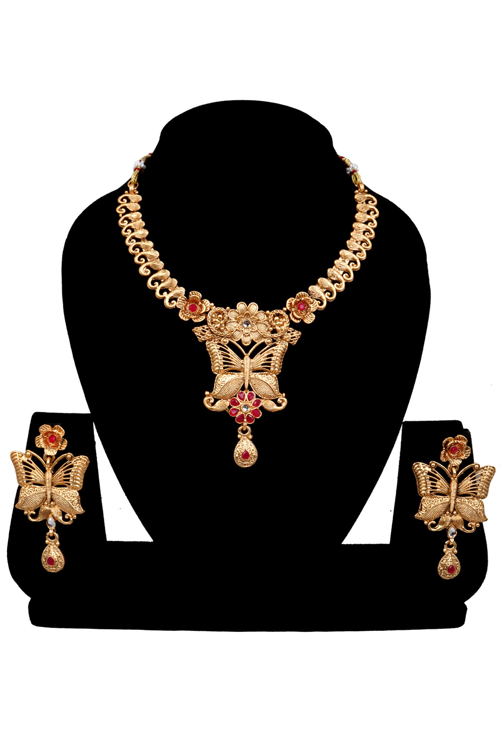 Maroon Alloy Austrian Diamonds and Kundan Necklace With Earrings 272645