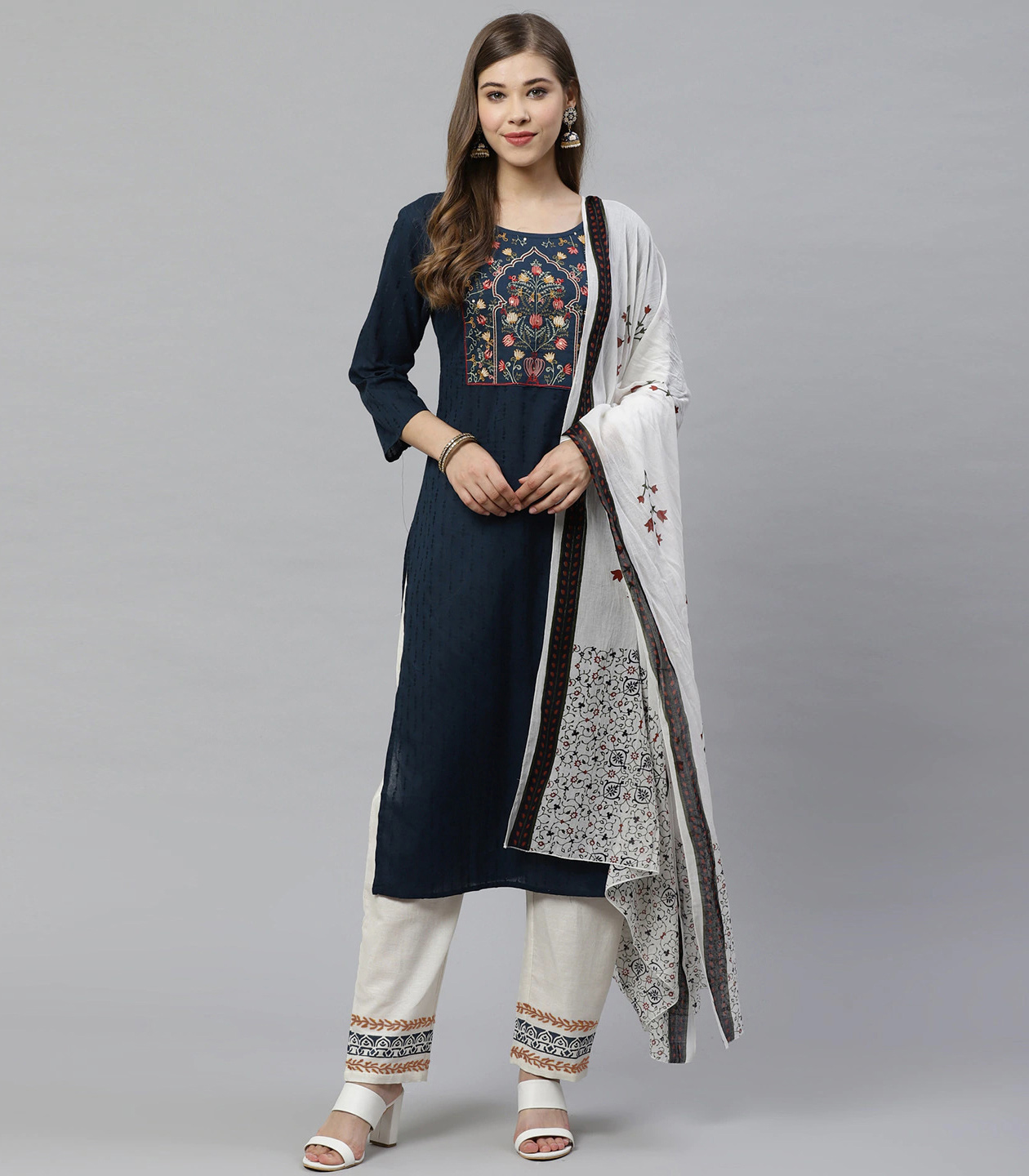 Navy Blue Cotton Readymade Kameez With Pant 205719