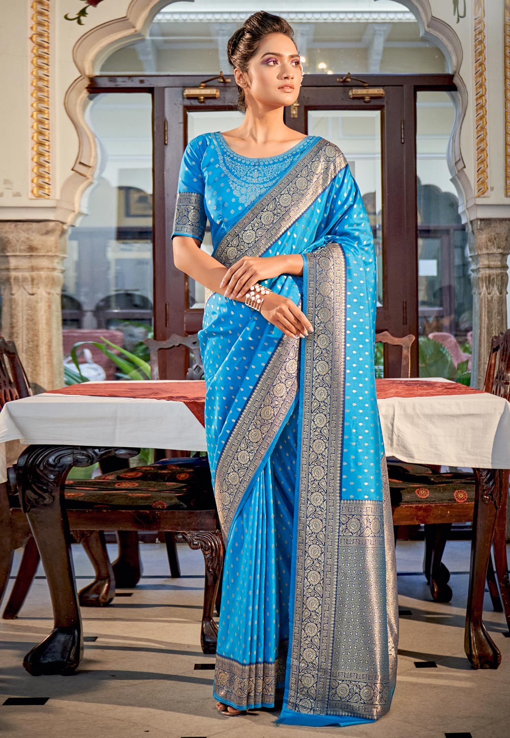 Sky Blue Banarasi Silk Saree With Blouse 268388