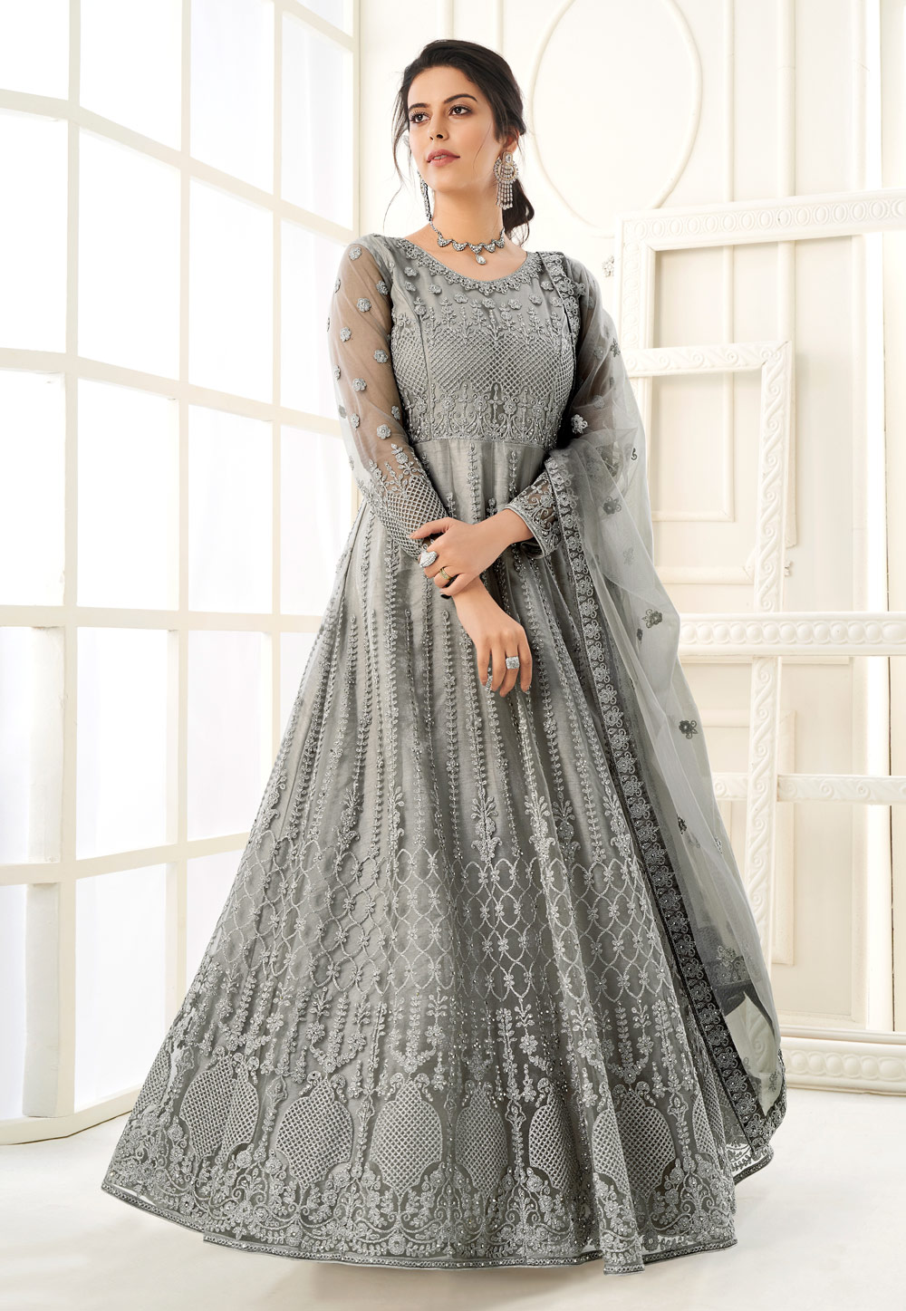 Grey Net Embroidered Long Anarkali Suit 225270