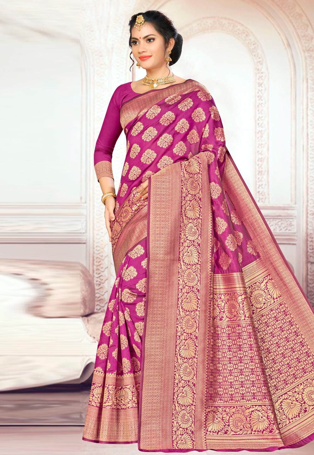 Pink Banarasi Silk Saree With Blouse 176458