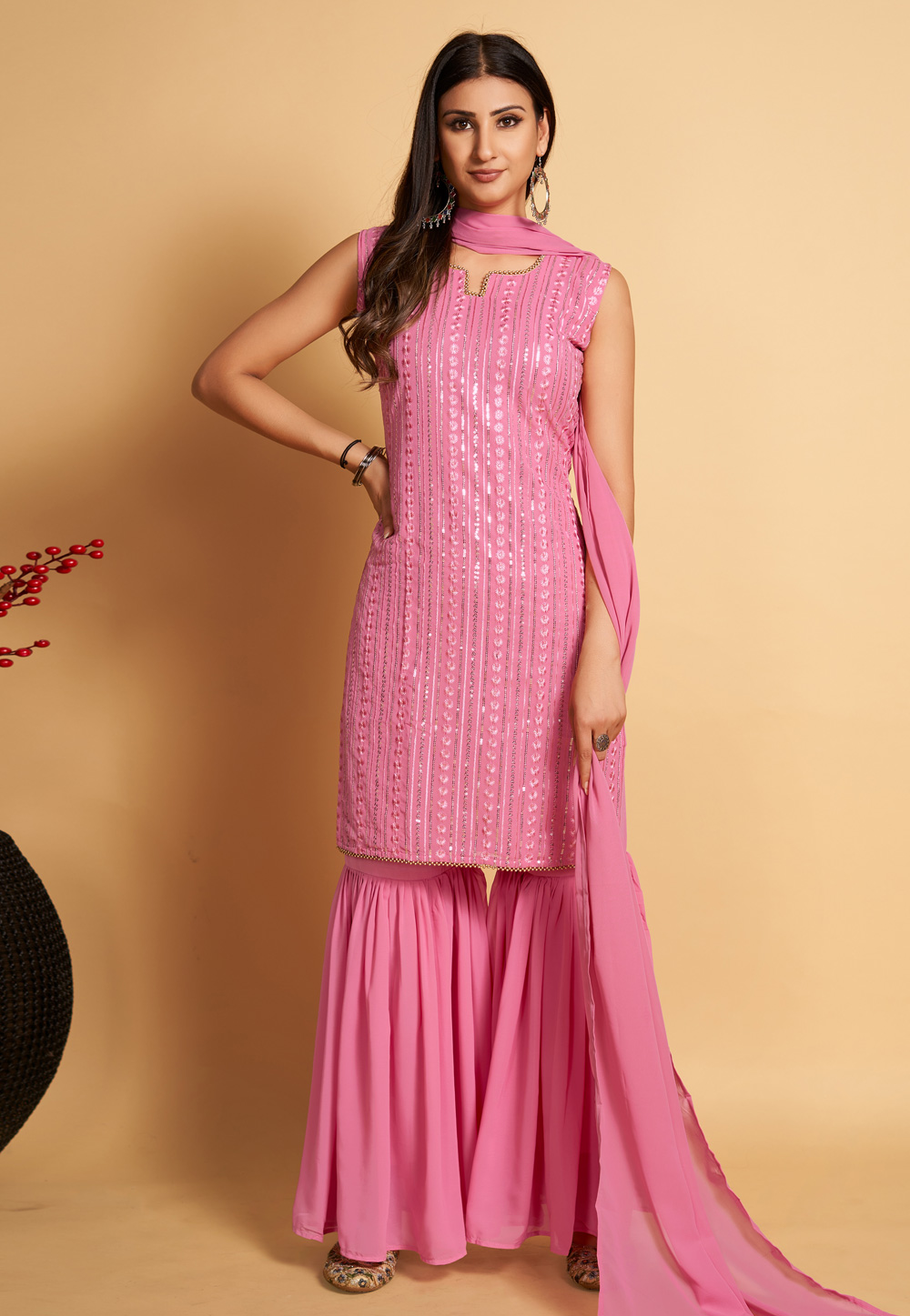 Pink Georgette Readymade Sharara Suit 268846