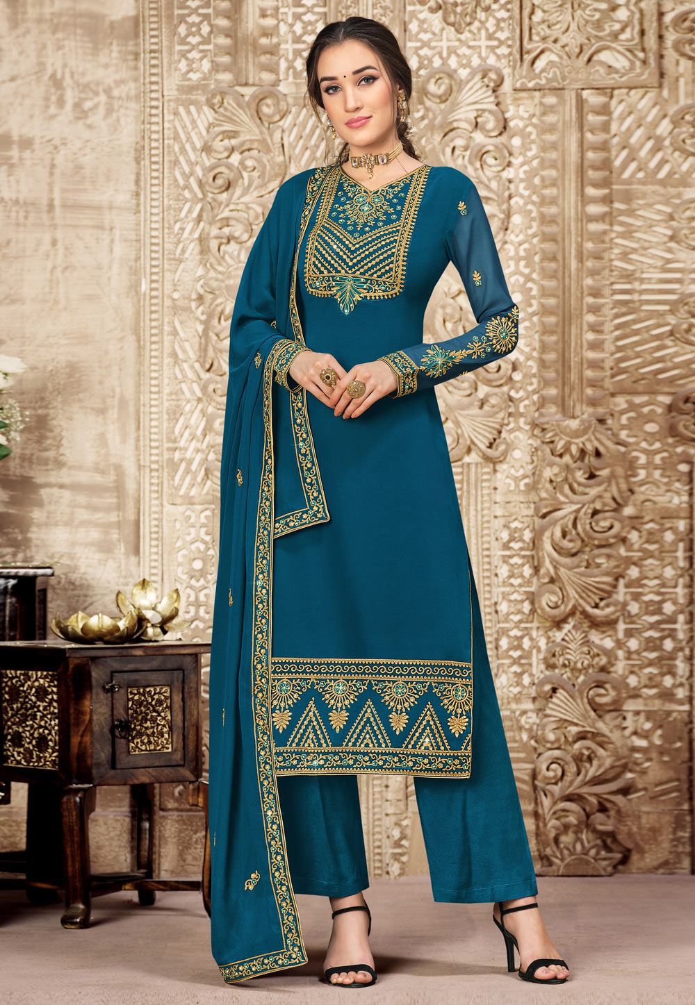 Blue Georgette Kameez With Palazzo 233946