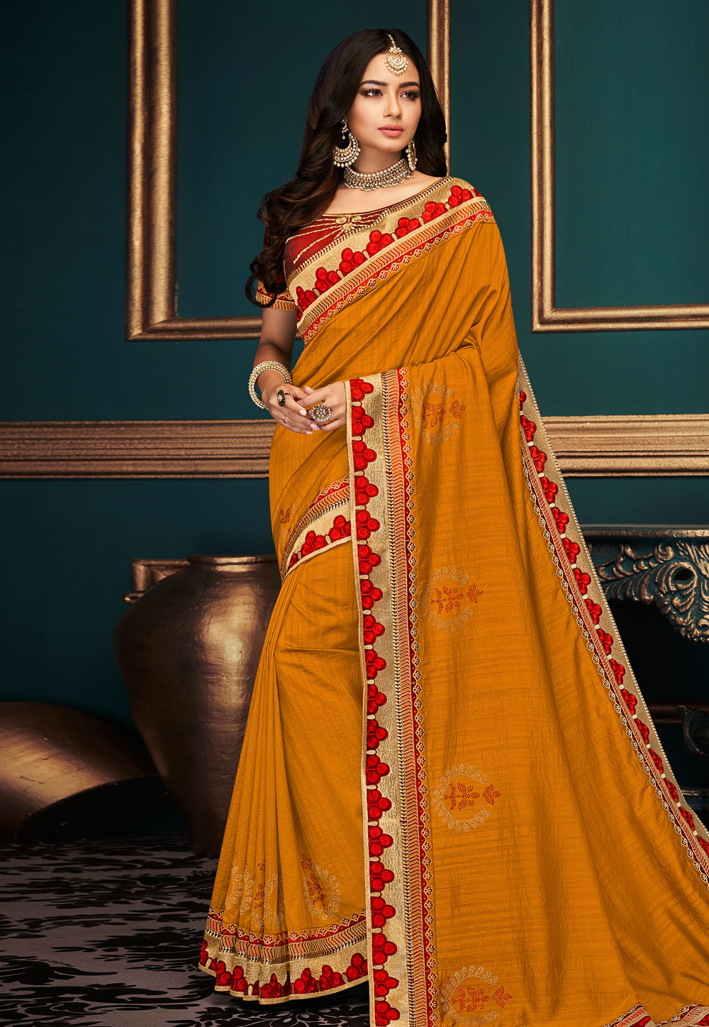 Mustard Silk Embroidered Saree With Blouse 169119