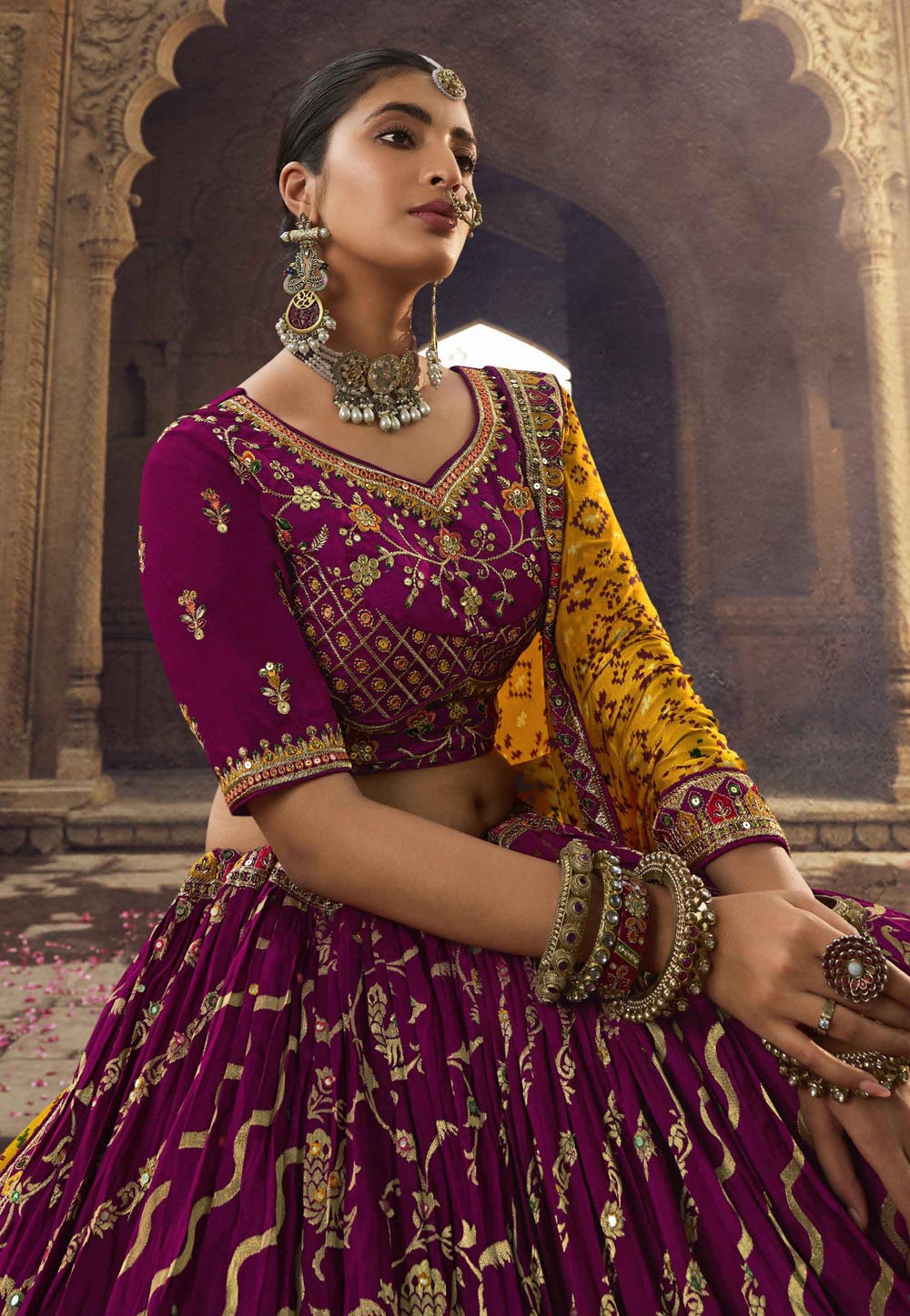 Sequinned Net Lehenga in Purple : LRQ187