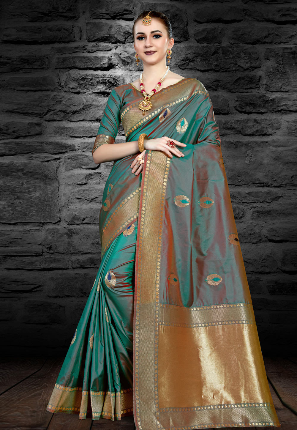Teal Kanjivaram Silk Saree With Blouse 156404