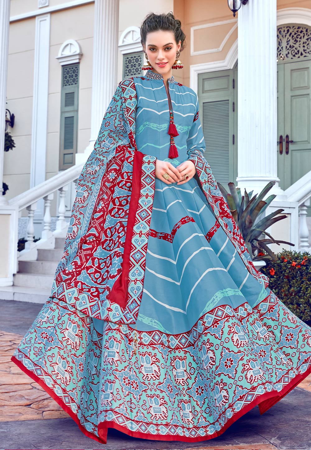 Sky Blue Silk Readymade Abaya Style Anarkali Suit 212882