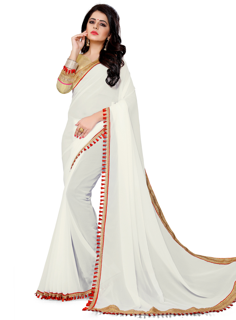 White Georgette Saree With Blouse 120260
