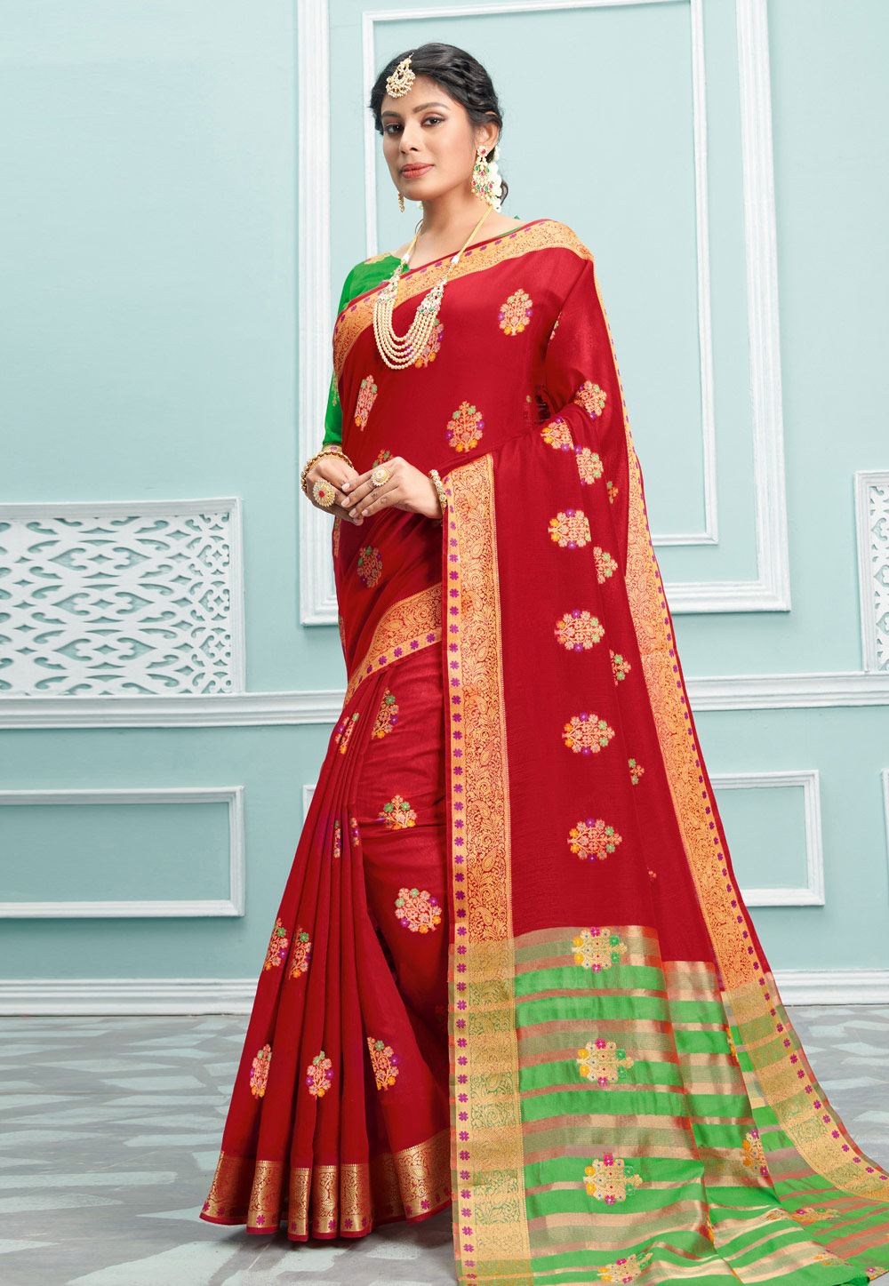 Red Cotton Saree With Blouse 212357