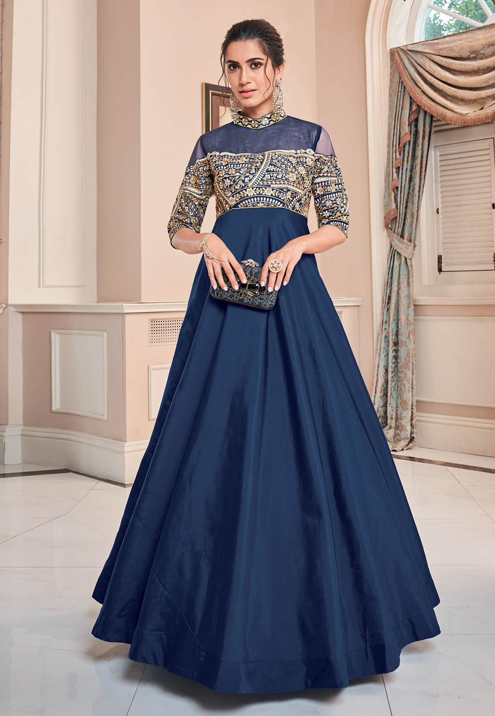 Navy Blue Silk Embroidered Readymade Gown 198891