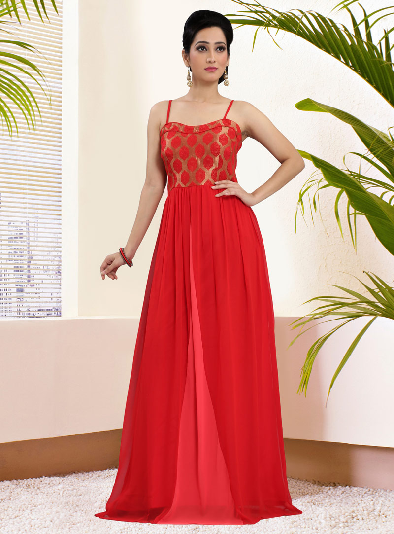 Red Georgette Readymade Party Wear Gown 79686