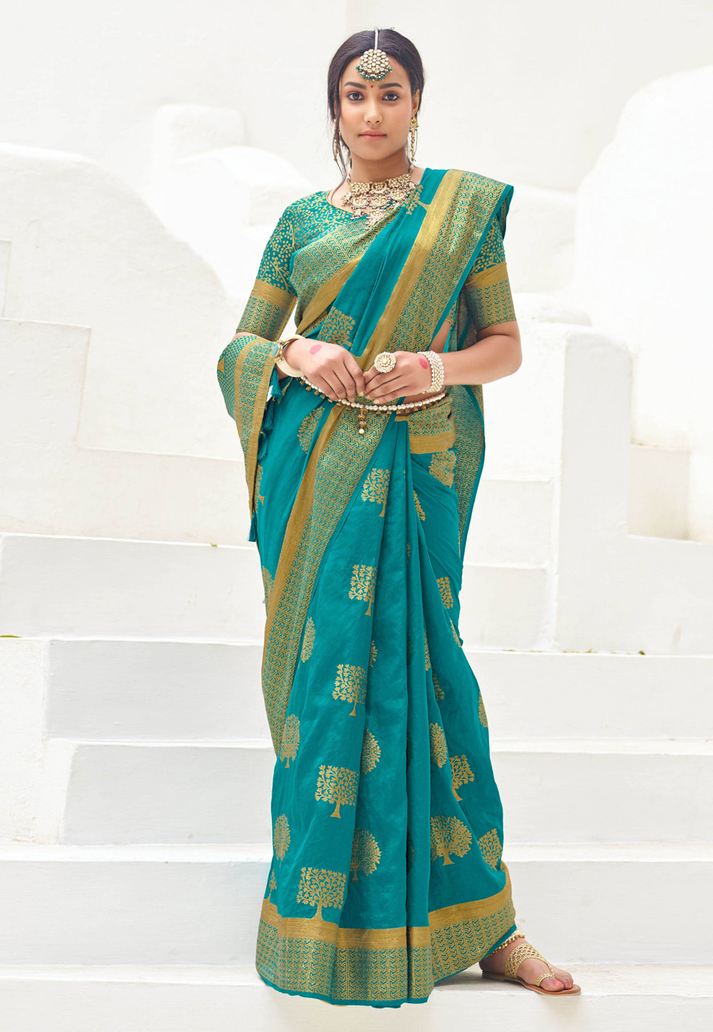 Turquoise Silk Saree With Blouse 212374