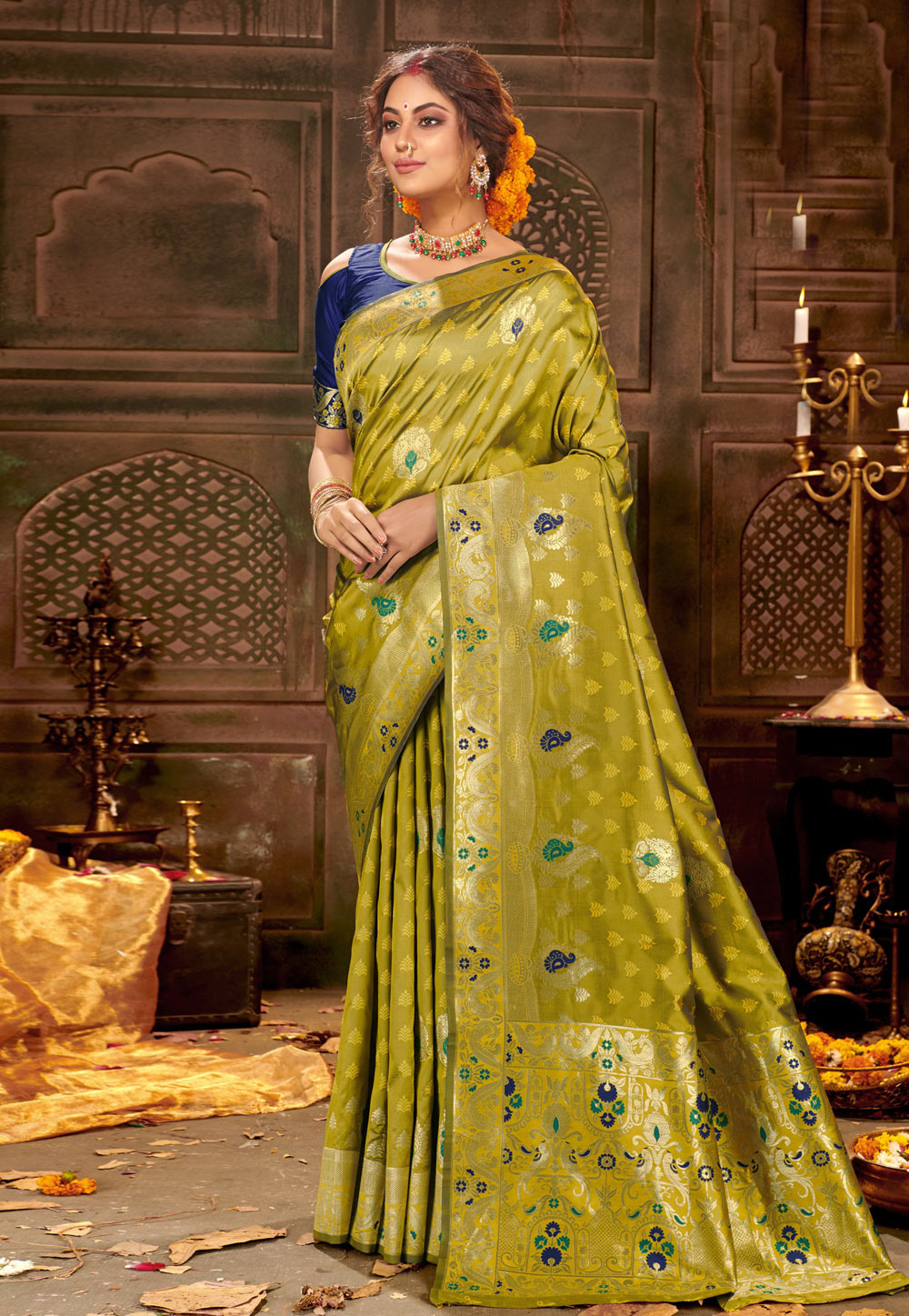 Green Banarasi Silk Saree With Blouse 212378