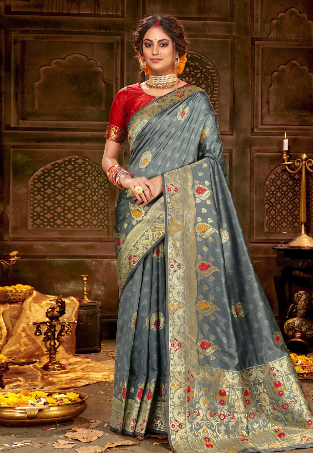 Grey Banarasi Silk Saree With Blouse 212380